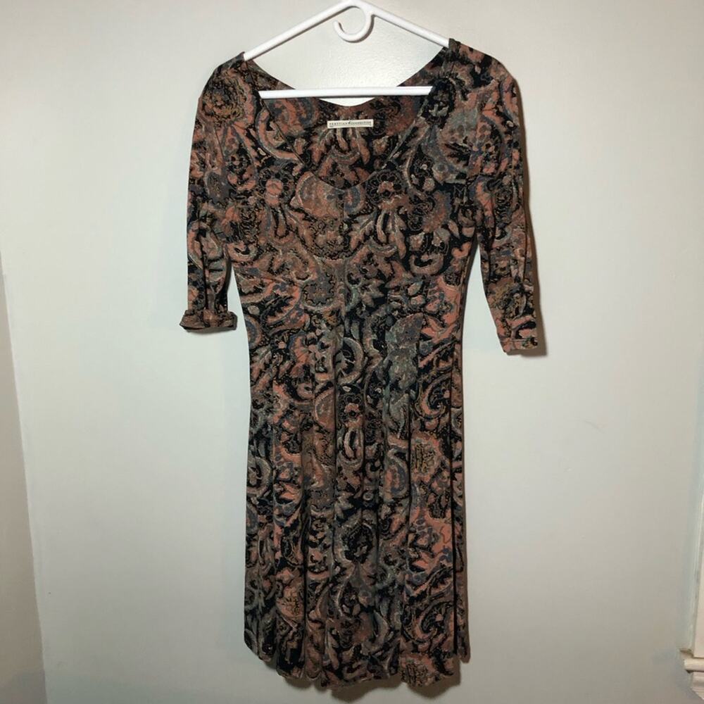 Peruvian Connection scoop neck 3/4 sleeve cotton dark floral womens dress M